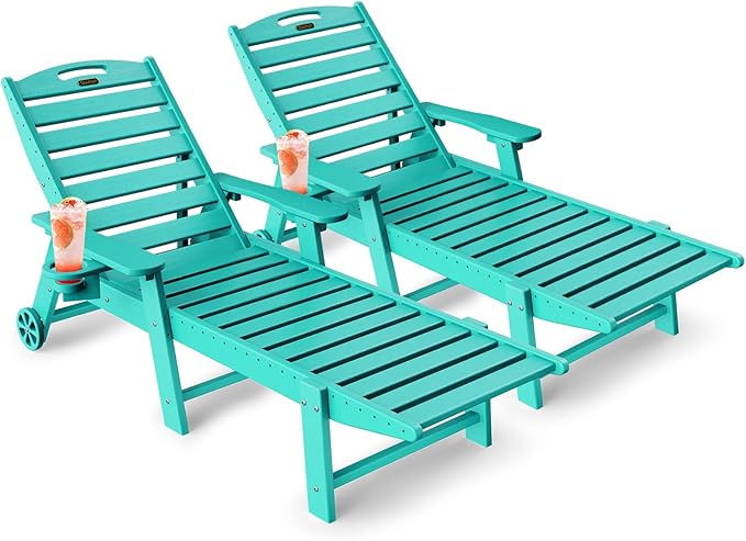Lounge Chair Outdoor Set of 2, HDPE Chaise Chair Outdoor with 6-Position & Wheels &Cup Holder, Pool Lounge Chair for Pool Poolside Deck Backyard Patio, Lake Blue