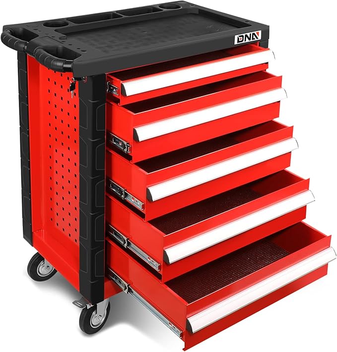 DNA MOTORING 5-Drawer Rolling Tools Chest, Rolling Tool Storage Cabinet, Mechanic Tool Cart, Trolley Organizer for Garage, Warehouse, Workshop, w/ Keys, Red, Upgrade Package, TOOLS-00001
