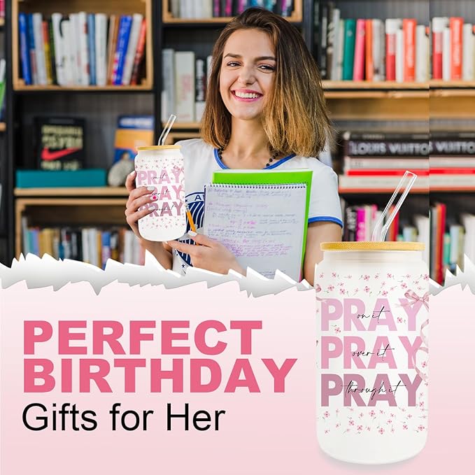 Pray on It Pray over It Pray Through It Prayer Glass Cup 16oz Christian Gifts for Women Inspirational Gifts for Women Cancer Care Gifts for Women Get Well Gifts for Women
