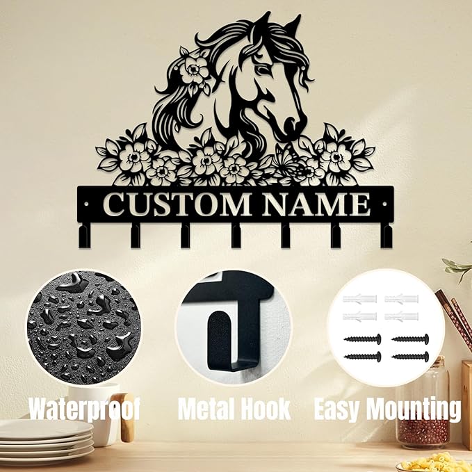 Personalized Custom Name Farm Horse Wall Key Hooks,Metal Horse Art Clothes Hooks,Metal Horse Wall Home Storage Decorative,For Front Door, Hallway, Kitchen, Bedroom,Keys,Hats (Style C)