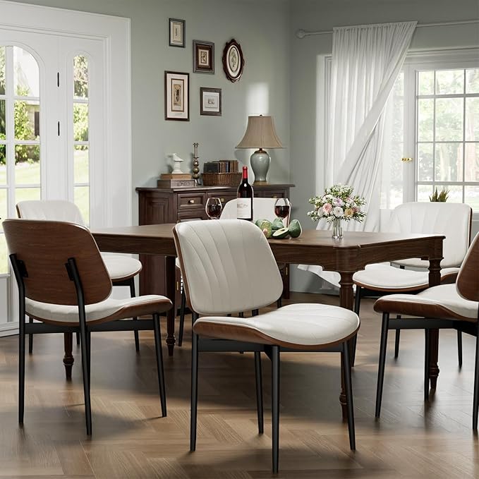 Dining Chairs Set of 8, Dining Room and Kitchen Chairs, Mid Century Modern Accent Chair, Upholstered PU Leather Chairs for Vanity with Walnut Bentwood and Metal Legs, Beige