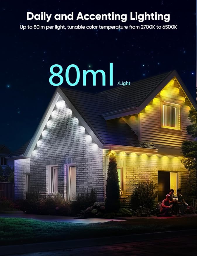 APPECK Permanent Outdoor Lights Pro 150ft, 108W RGBCW Eaves Lights with 108 LED Lights, 80lm, Cuttable, 111 Scene Modes, IP67 Waterproof Lighting for Christmas Decoration, Work with Alexa, White