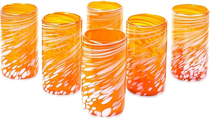 NOVICA Artisan Crafted Handblown Recycled Tumblers Glass | Striped Juice Drinkware | Tableware Glasses | Elegant Style | Emerald Orange | Toxins Free | Mexico 6" H x 3.1" Diam. (Set Of 6)