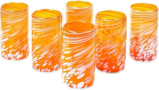 NOVICA Artisan Crafted Handblown Recycled Tumblers Glass | Striped Juice Drinkware | Tableware Glasses | Elegant Style | Emerald Orange | Toxins Free | Mexico 6" H x 3.1" Diam. (Set Of 6)