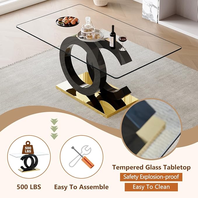 63'' Glass Dining Table Set for 4, Kitchen Table Chairs Set of 4, Clear Glass Dining Table with Black unique design Leg and Gold Metal Base, 4 PU Dining Chairs with Metal Legs, Living Room, Kitchen.