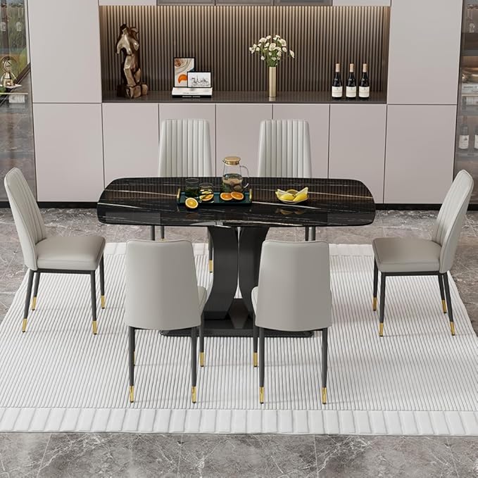 Modern Dining Table Set for 6, Marble Kitchen Table Chair Set for 6, Rectangular Kitchen Table with 6 Pu Leather Upholstered Chair for Dining Room (Light Grey)