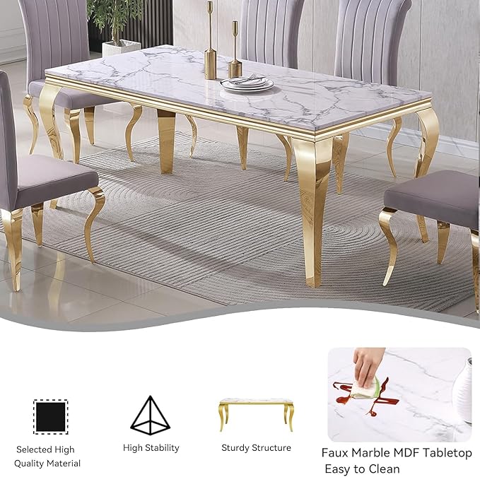 70" Marble Dining Table Set for 6, Modern 7 Piece Dining Room Table Set with White Faux Marble Dining Table & 6 Blue Velvet Upholstered Chairs, Luxury Gold Kitchen Table Chairs Set of 6