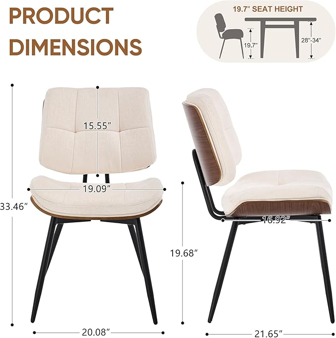 BFZ Dining Chairs Set of 4, Mid Century Modern Kitchen Chairs with Walnut Bentwood Back and Metal Legs, Upholstered Fabric Dining Room Chairs for Kitchen, Living Room