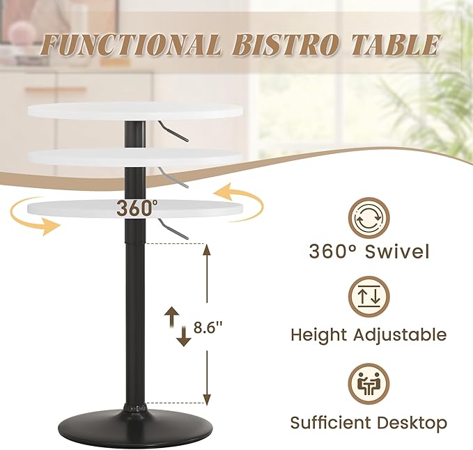 Shahoo Round Bar Table, Adjustable Height and 360° Swivel Bistro Pub Table, Cooktail Table for Bar, Bistro, Dining Room, White