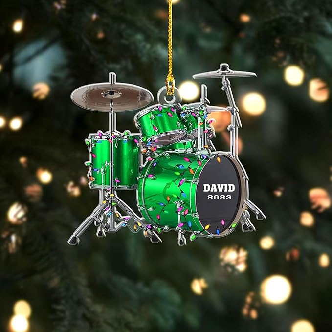 NAZENTI Drum Ornament, Custom Music Christmas Decor, Personalized Percussion Holiday Acrylic Piece, Player Silhouette Hanging Gift, Band Keepsake