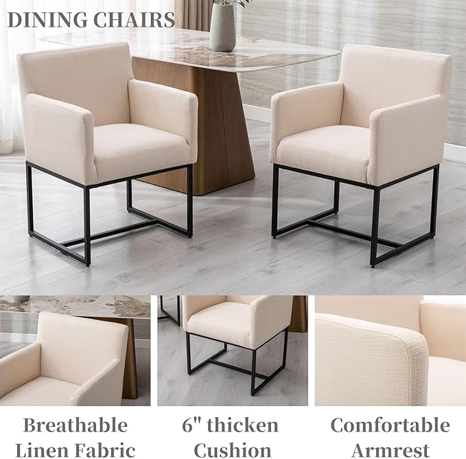 Linen Upholstered Dining Chairs with Arms Set of 6 Mid Century Modern Accent Chairs Armchairs with Black Metal Frame, Modern Kitchen & Dining Room Chairs, Cream