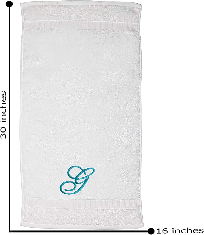 White Monogrammed Hand Towels for Bathroom - Luxury Hotel Quality Personalized Initial Embroidered Towel for Powder Room, Spa - GOTS Organic Certified - Set of 2 Teal Letter G