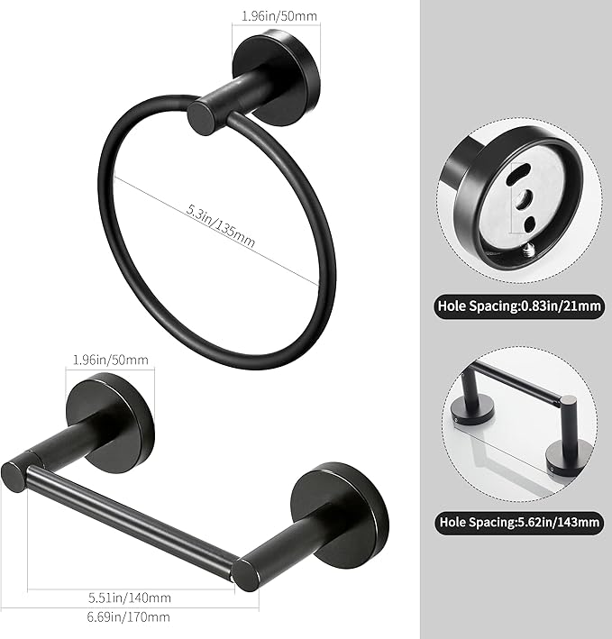 Black Toilet Paper Holder Towel Ring Matte Bathroom Accessories Set Hand Towel Holder Wall Mount Bath Hardware TP Tissue Roll Holder with Double Post Pivoting SUS304 Stainless Steel 2pc