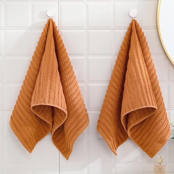 sense gnosis Waffle Hand Towel Striped Pattern Soft 100% Cotton Ultra Absorbent Hand Towels for Bathroom 13 x 29 Inch (Coral Orange, 2 Pieces)