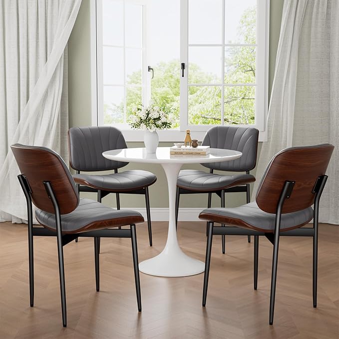 Dining Chairs Set of 2, Mid-Century Modern Upholstered PU Leather Chairs with Walnut Back and Metal Legs Adjustable Feet for Kitchen Dining Room, Dark Gray Shell Strips