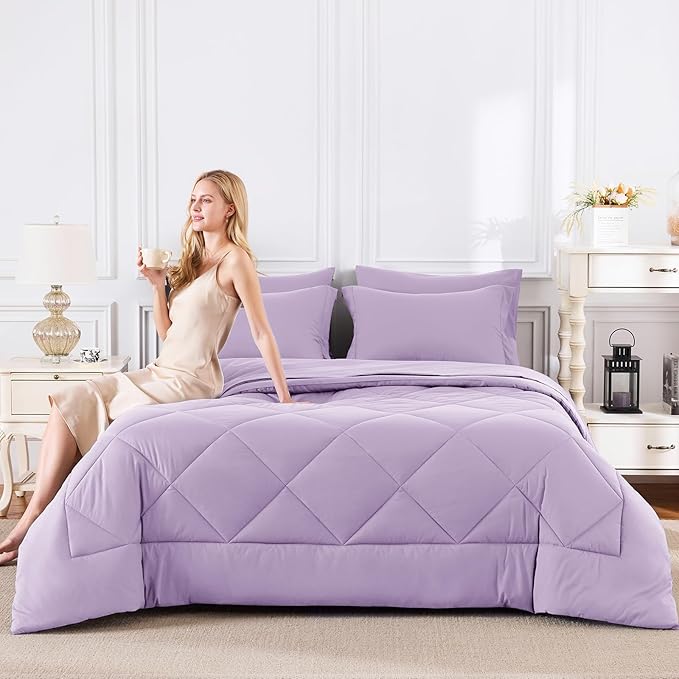 CozyLux King Size Comforter Set Light Purple - 7 Pieces Bed in a Bag King, Luxury Soft Lavender Bed Set for All Seasons, Bedding Set with Down Alternative Comforter, Sheets, Pillowcases & Shams