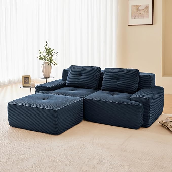 80" Modern Compressed Boneless Love Seat Couches with 1 Ottoman, 2 Seater Large Sectional Couches for Living Room, Blue Corduroy Cloud Modular Sectional Sofa, Memory Foam, Deep Loveseat, No Assembly