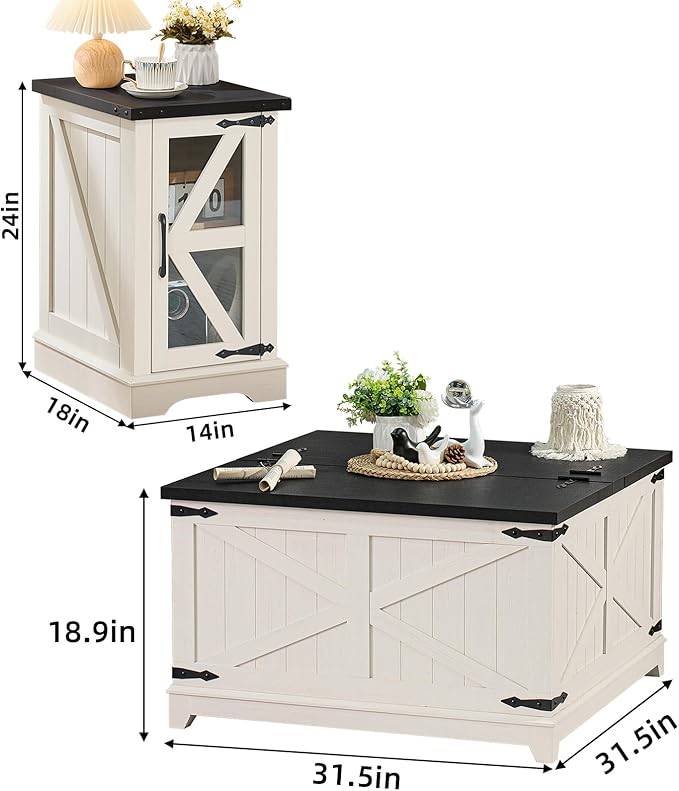 Farmhouse Coffee Table Sets 2 Pieces, Narrow Night Stand with Glass Barn Door Storage, Large Coffee Tables with Hidden Storage Organizer, Wood Furniture Sets for Living Room, Office, White