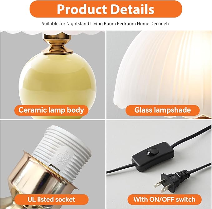 Ceramic Table lamp, Modern Bedside Lamps Mid Century Vintage Desk Lamp Retro Glass Mushroom Traditional Lamp for Nightstand Living Room Bedroom Home Decor (S05YE-1PACK)