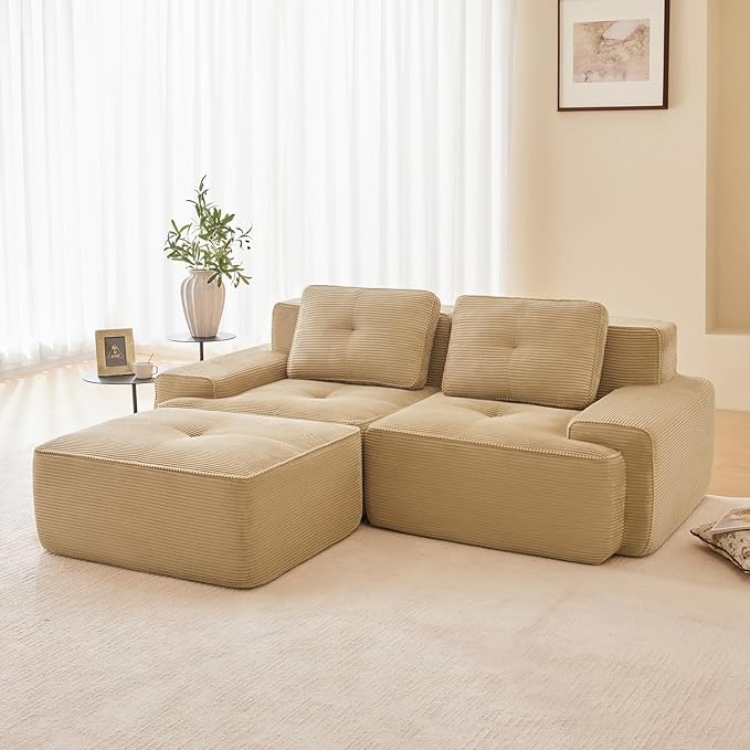 80" Modern Compressed Boneless Love Seat Couches with 1 Ottoman, 2 Seater Large Sectional Couches for Living Room, Camel Corduroy Cloud Modular Sectional Sofa, Memory Foam, Deep Loveseat, No Assembly