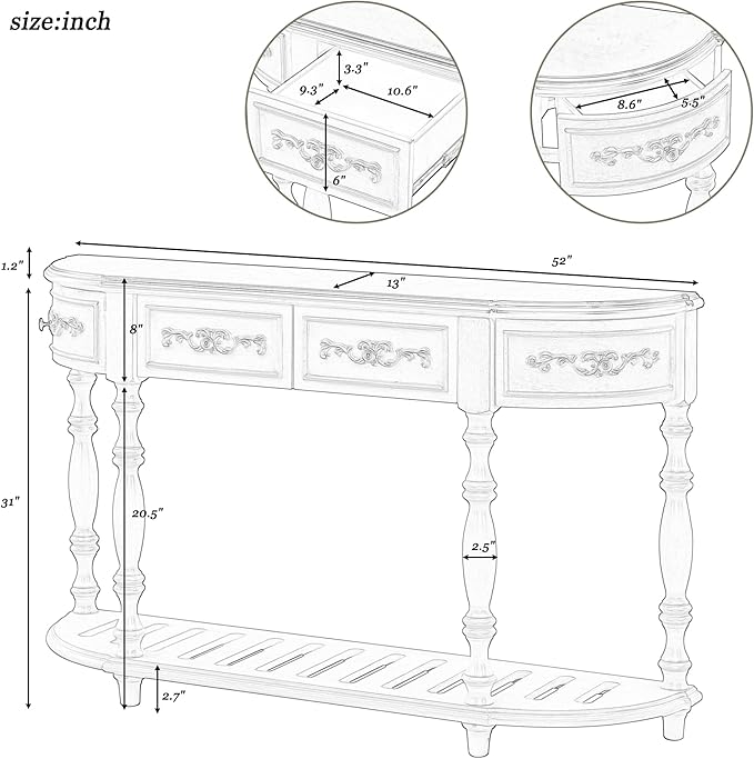 HMFULE Retro Curved Console Table, 52" Solid Wood Half Moon Sofa Table Entryway Table with 4 Drawers 1 Open Shelf for Living Room,Entryway,Hallway,Grey