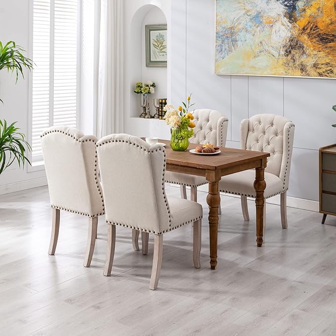 DUOMAY Modern Tufted Dining Chairs Set of 8, Linen Upholstered Dining Room Chairs Armless Guest Side Chair for Kitchen Dining Room, Wingback Accent Chairs with Solid Wood, Beige