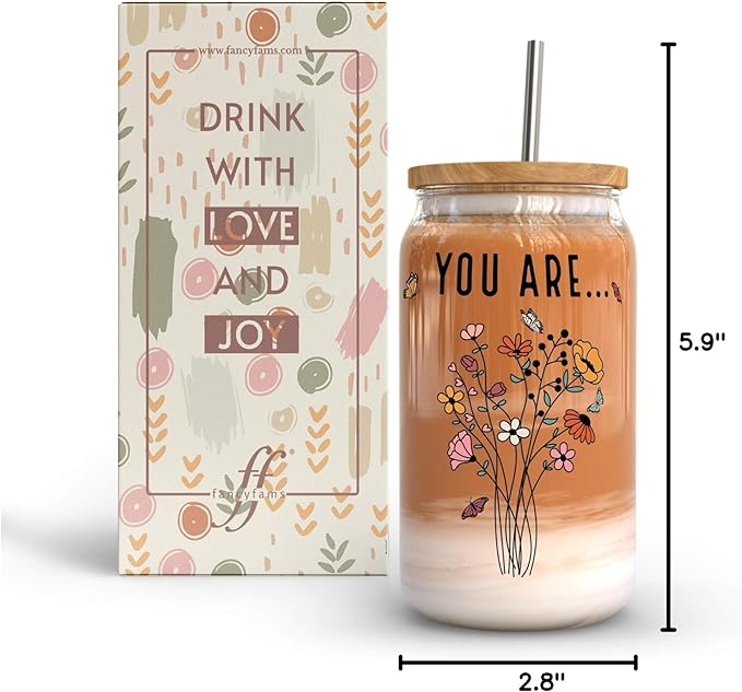Fancyfams 16 oz Glass Drinking Cup with Bamboo Lid, and Straw, Women of the Bible Drink Cup, Christian, Religious, Mothers Day, Birthday Gifts for Women, Affirmation, Jesus Coffee Jar (You Are)