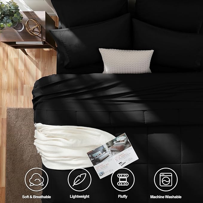 CozyLux California King Comforter Sets Black, 7 Pieces Cal King Bed in a Bag, All Season Bedding Sets with Stitch Quilted Comforter, Flat Sheet, Fitted Sheet, Pillowcases