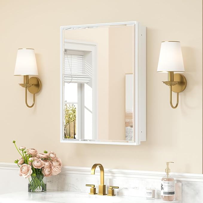 Keonjinn 20" x 26" White Medicine Cabinets for Bathroom with Mirror, Recessed or Surface Wall-Mounted Aluminum Alloy Framed Beveled Mirror, Single Door Farmhouse Bathroom Mirror with Storage Cabinet