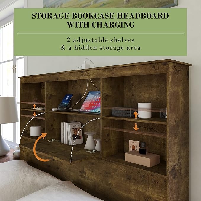 AMERLIFE Queen Size Bed Frame Wooden Platform Bed with 51.2" LED Storage Bookcase Headboard, 4 Storage Drawers & Charging Station/No Box Spring Needed/Noise Free/Rustic Brown