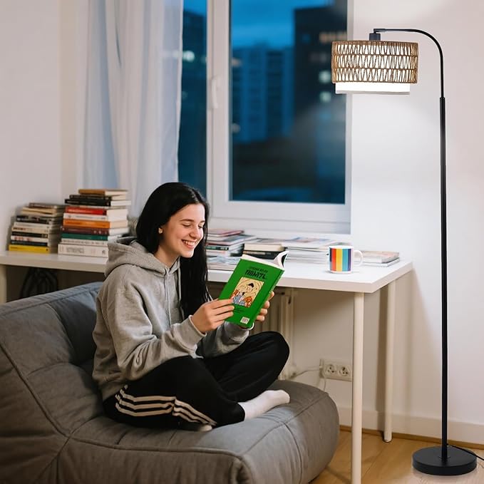 Arc Floor Lamp for Living Room，Boho Standing Lamp with Rattan & Fabric Shades,Farmhouse Floor Lamps with Foot Switch，Adjustable Tall Lamp for Bedroom, Office,LED Bulb Included