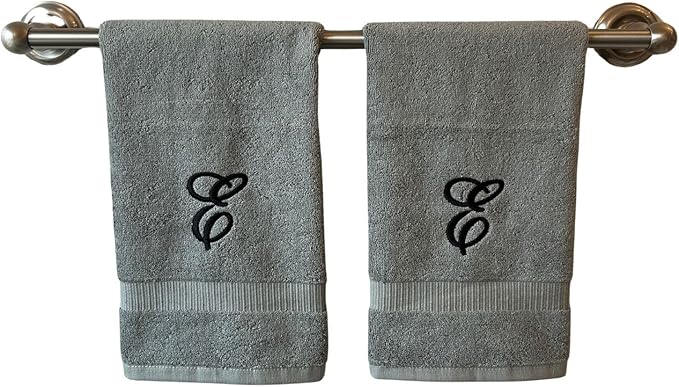 Gray Monogrammed Hand Towels for Bathroom - Luxury Hotel Quality Personalized Initial Embroidered Towel for Powder Room, Spa - GOTS Organic Certified - Set of 2 Black Letter E