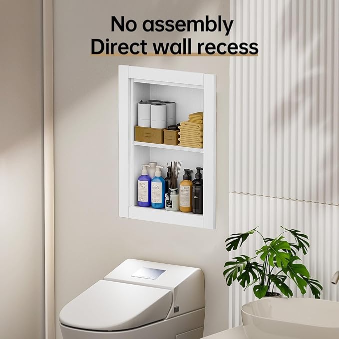 14x18 Recessed Medicine Cabinet, 2 Tiered Wood Bathroom Wall Niche, Water-Proof Recessed Wall Niche Medicine Cabinet Replacement, for Living Room, Bathroom Storage, White