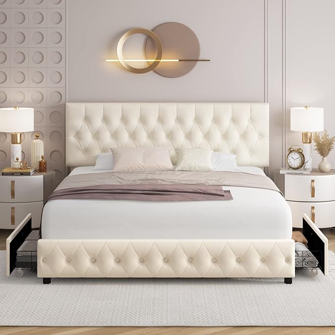 Keyluv Modern Upholstered Bed Frame with 4 Storage Drawers, Button Tufted Headboard Design, Solid Wooden Slat Support, Easy Assembly, Velvet, Beige, Full Size