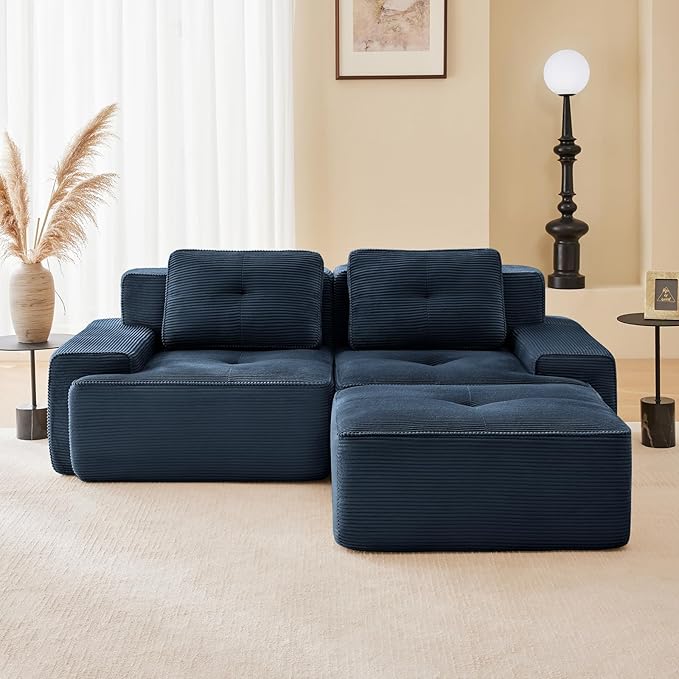 80" Modern Corduroy Boneless Love Seat Couches with 1 Ottoman, 2 Seater Large Sectional Couches for Living Room, Blue Cloud Modular Sectional Sofa, Memory Foam, Extra Deep Loveseat, No Assembly