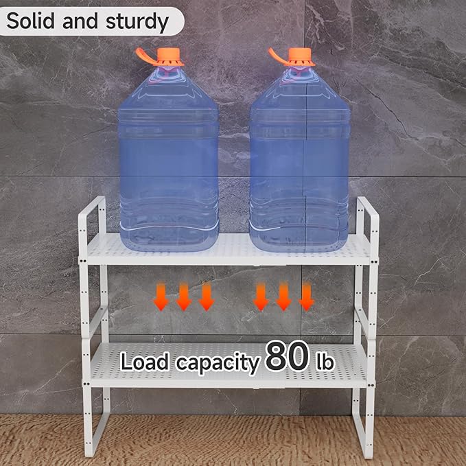 2Pack 16.5-27’’L Expandable Stackable Cabinet Shelves, Adjustable Spice Rack Cabinet Shelf Organizer for Kitchen, Countertop, Pantry and Cupboard, White
