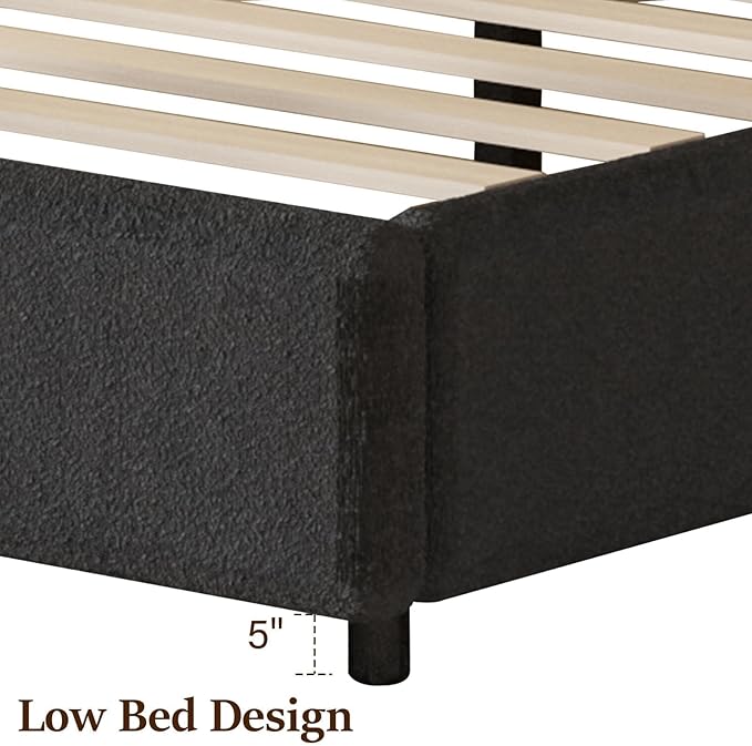 Queen Bed Frame, Boucle Upholstered Platform Bed Frame with Headboard, Soft Platform Bed with Round Conner, No Box Spring Required, Easy Assembly, Dark Grey