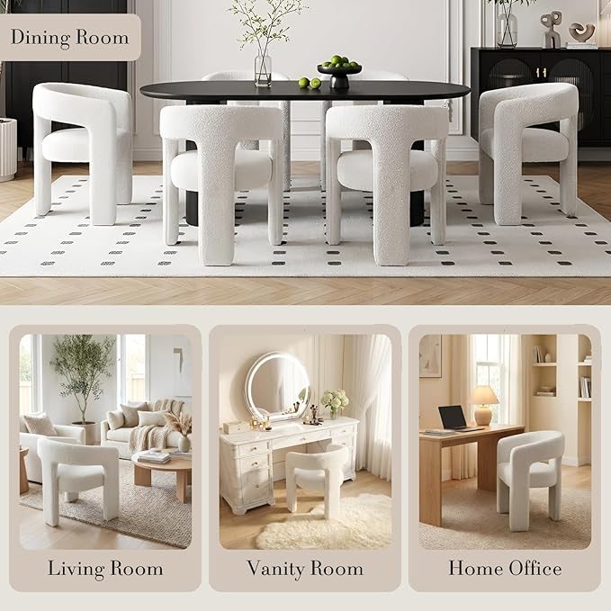 Modern Sherpa Dining Chairs Set of 2, Upholstered Barrel Chairs with Arms Comfy Accent Side Chairs for Living Room/Dining Room/Reception, White