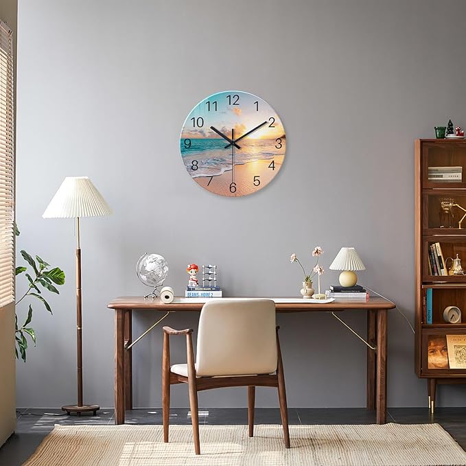 Beach Wall Clock Silent Analog Glass Wall Clocks Battery Operated 16 Inches or Larger Blue Clocks for Living Room