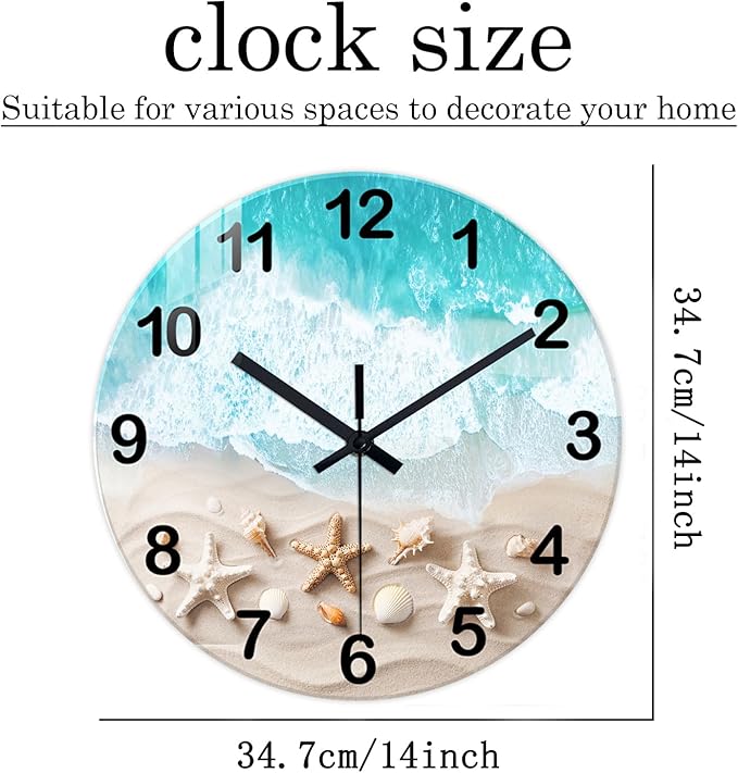 XNM Round Bedroom Clock Battery Operated 14 Inch Contemporary Blue Beach Wall Clock Silent Coastal Clocks for Walls