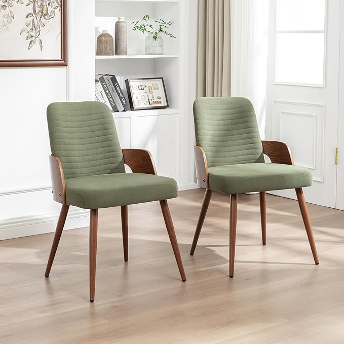 Dining Room Chairs Set of 4,Mid Century Modern Kitchen Chairs,Green Corduroy Fabric Upholstered Accent Chairs,Metal Legs Wooden Desk Chairs,Armless and No Wheels for Kitchen Dining Room