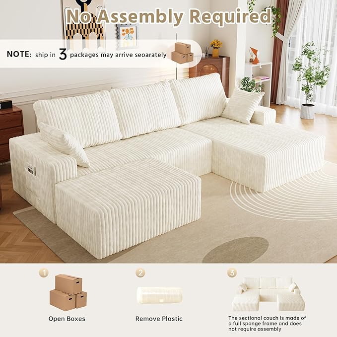 108" U Shaped Sectional Couch with Ottoman, Corduroy Modular Sectional Sofa with Deep Seat, Modern Modular L-Shape Sofa Couch with Chaise,Upholstered Boneless Couches for Living Room Bedroom