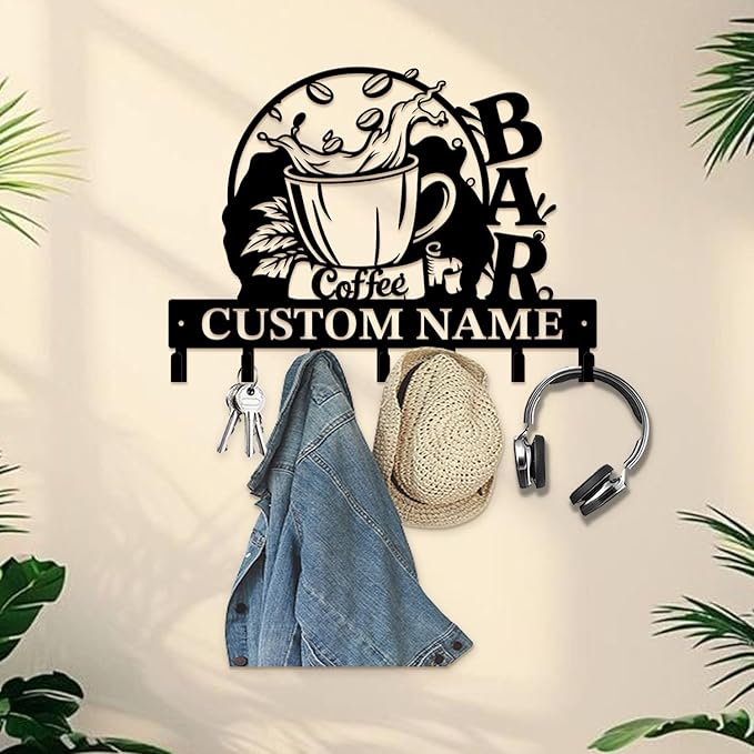 Coffee Bar Keys Holder - Metal Iron Wall Hooks with Custom Name | Personalized Home Decor & Gift Idea | Coffee-Themed Text Engraving Design (Style B)