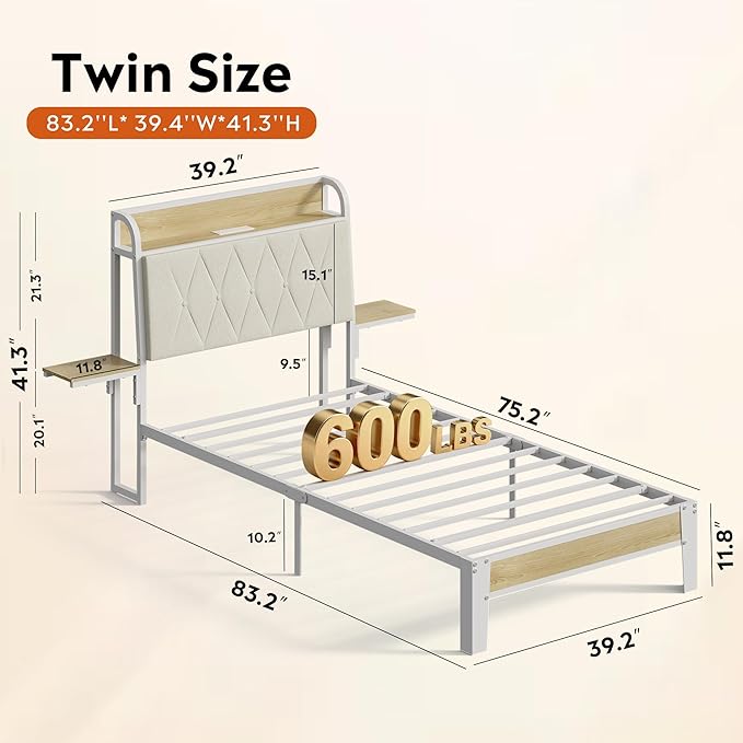 WLIVE Twin Size Upholstered Bed Frame with 2 Side Shelves, Linen Tufted Storage Headboard with Charging Ports and LED Light, Metal Solid and Stable, No Box Spring Needed, Easy Assembly, Beige