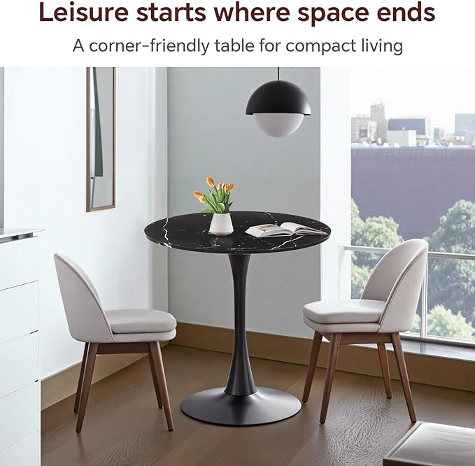 Small Space 27.5 Inch Black Faux Marble Round Tulip Dining Table - Mid Century Pedestal Base Kitchen Table for 2-4 People - Easy Assembly & Easy to Clean