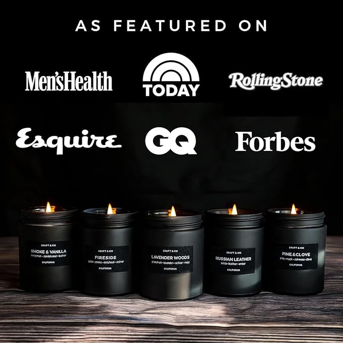 Craft & Kin Premium Vintage Leather Candle | Black Christmas Scented Candles for Men | Long Lasting with 45 Hour Burn Time, 7.6oz | Soy Holiday Candles | Aromatherapy at Home | Gifts for Men