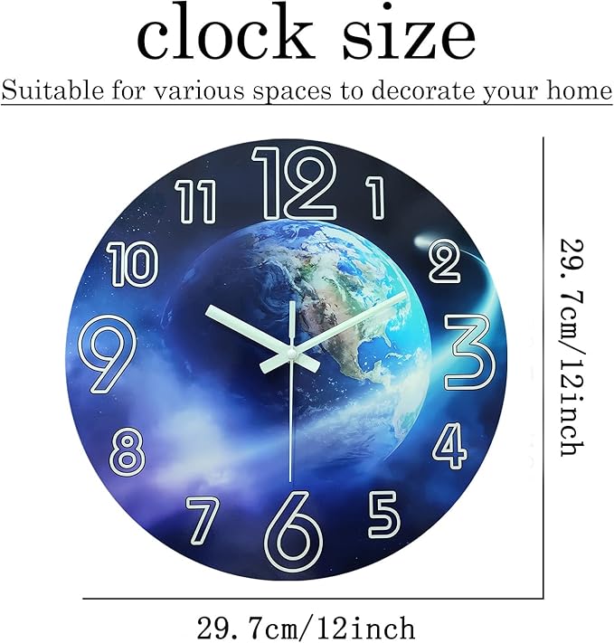Modern Blue Wall Clock for Bedroom Night Glow Round Glow in The Dark Clock 12 Inch Silent Wall Clock Non Ticking