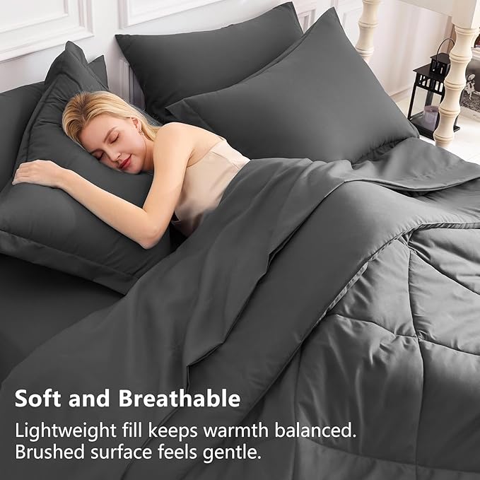 CozyLux California King Comforter Set Dark Grey - Cal King Bed in a Bag 7 Pieces, Luxury Soft Bed Set for All Seasons, Bedding Set with Down Alternative Comforter, Sheets, Pillowcases & Shams
