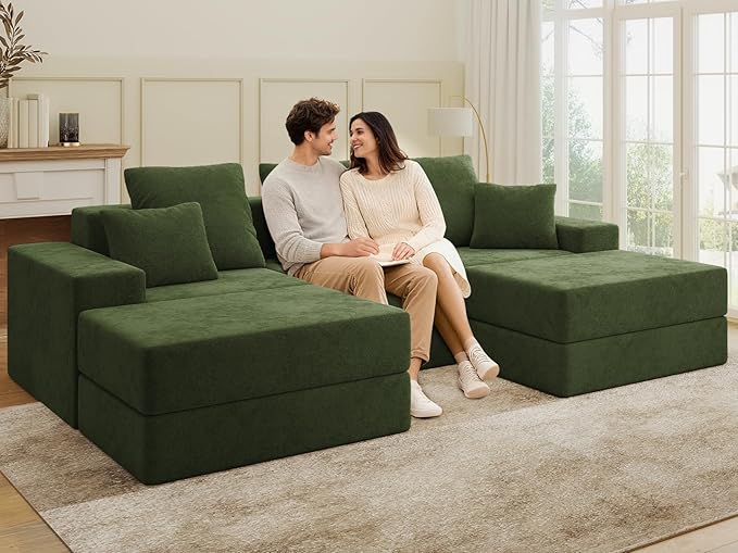 Living&Giving 101" U-Shaped Cloud Sectional Couch for Living Room, Cloud Boneless Couch-No Assembly with Reversible Chaise, Customizable 3-Seat Modular Sectional Sofa with 2 Ottoman, Green