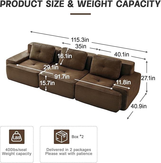 115" Modern Corduroy Cloud Sofa, Boneless Modular Large Sectional Couches for Living Room, Brown 3 Seater Compressed Memory Foam Couch, Extra Deep Seat, No Assembly